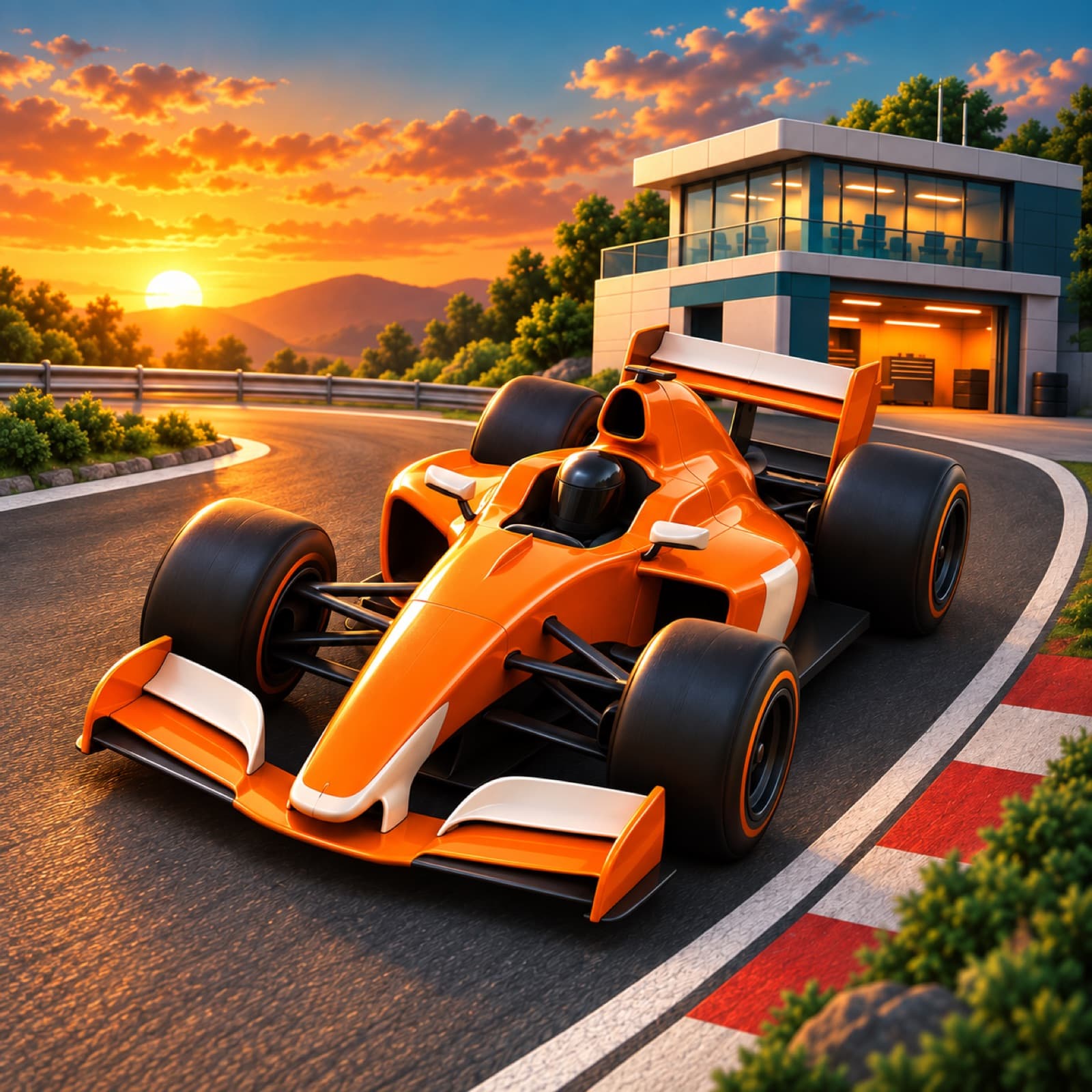 Konzept-Artwork eines orangefarbenen Formel-Rennwagens auf einer Rennstrecke im Abendlicht